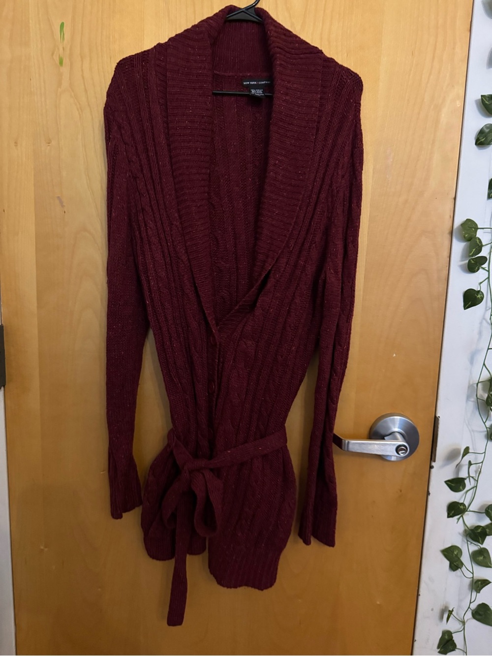 New York & Company Burgundy Cable knit tie waist shawl Cardigan Sweater